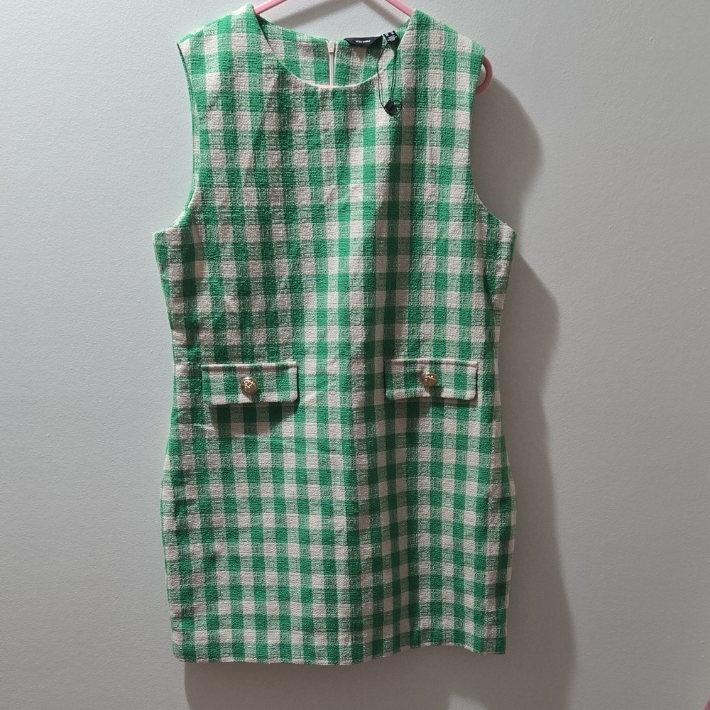 Green and White Checkered Sleeveless Dress